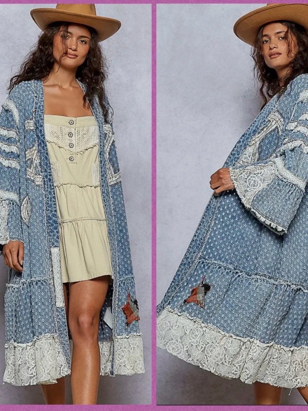 POL Blue Denim-Print Lace-Trim Kimono Coverup